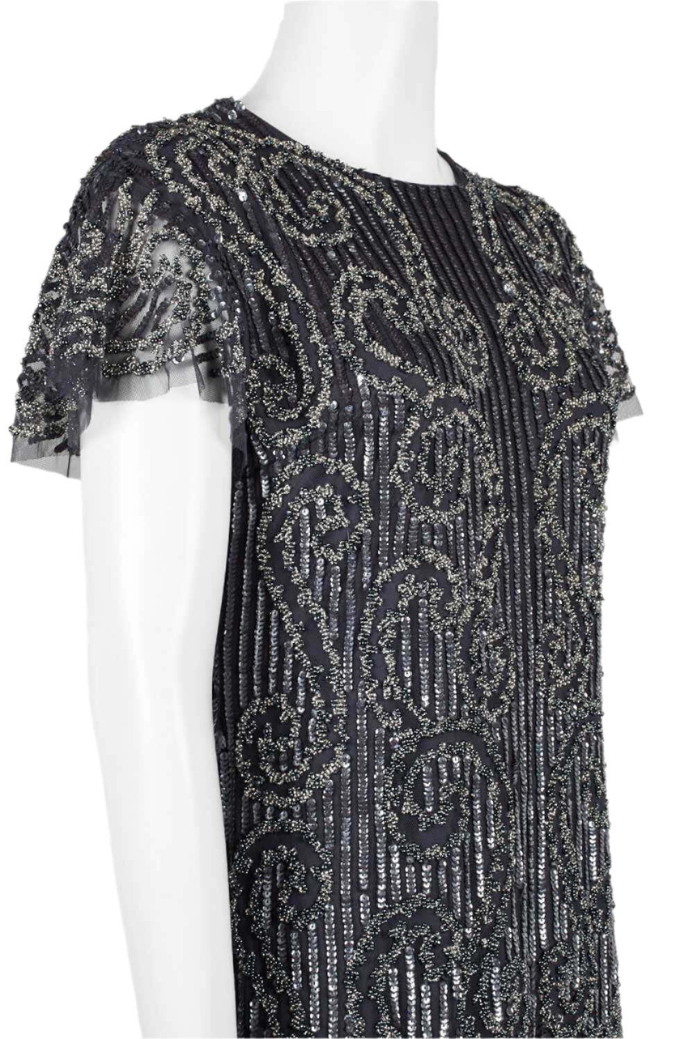 Aidan Mattox Crew Neck Short Sleeve Zipper Back Embellished Mesh Dress - GUNMETAL- fabric