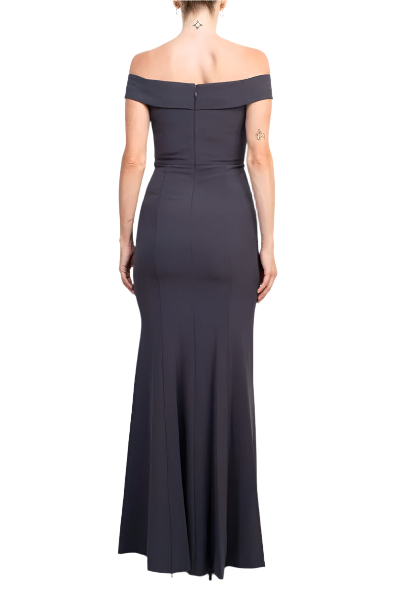 Aidan Mattox Off-Shoulder Crossed Front Zipper Back Mermaid Solid Crepe Dress - GUNMETAL - BACK