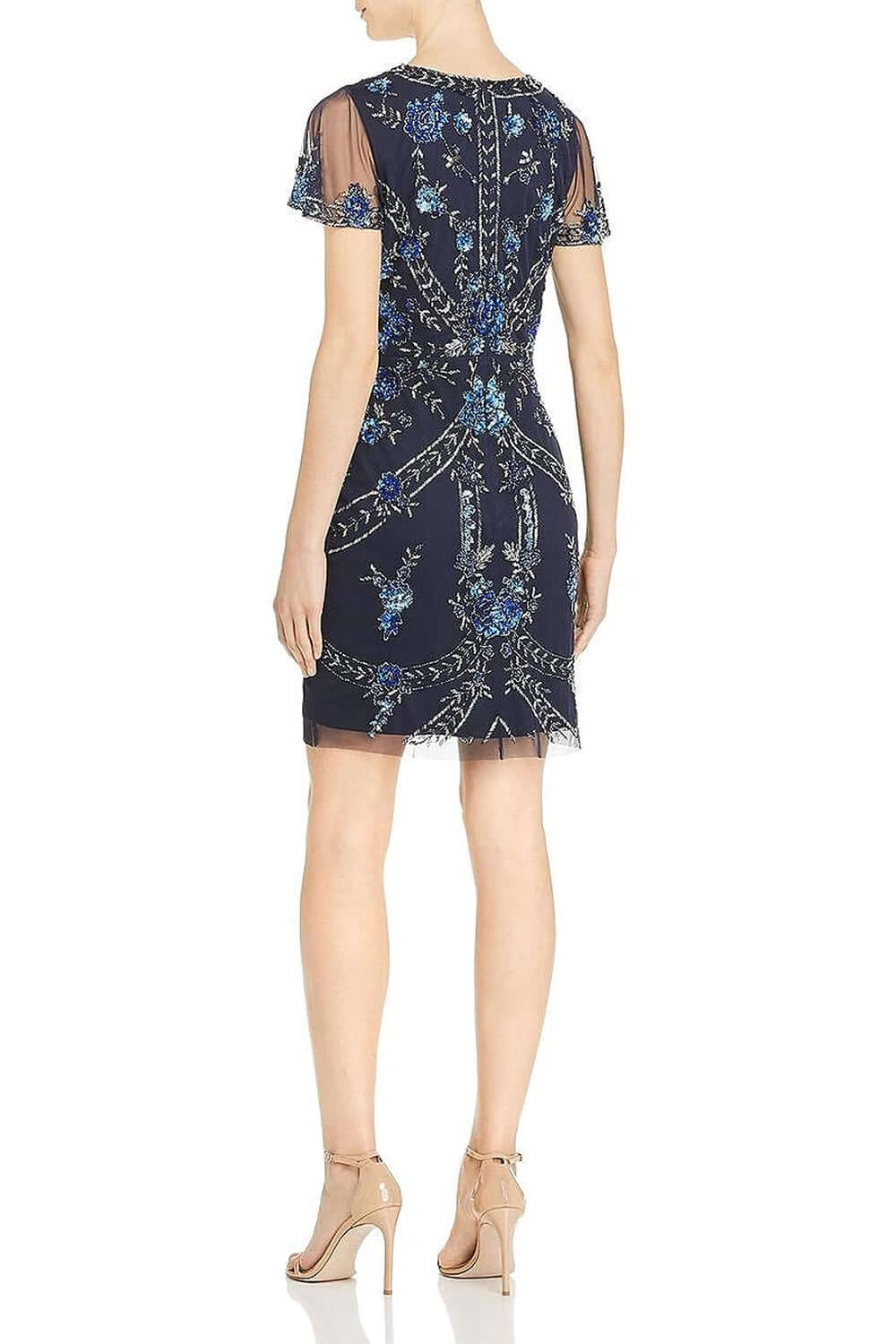 Aidan Mattox V-Neck Short Sleeve Embellished Zipper Back Mesh Dress - TWILIGHT - BACK
