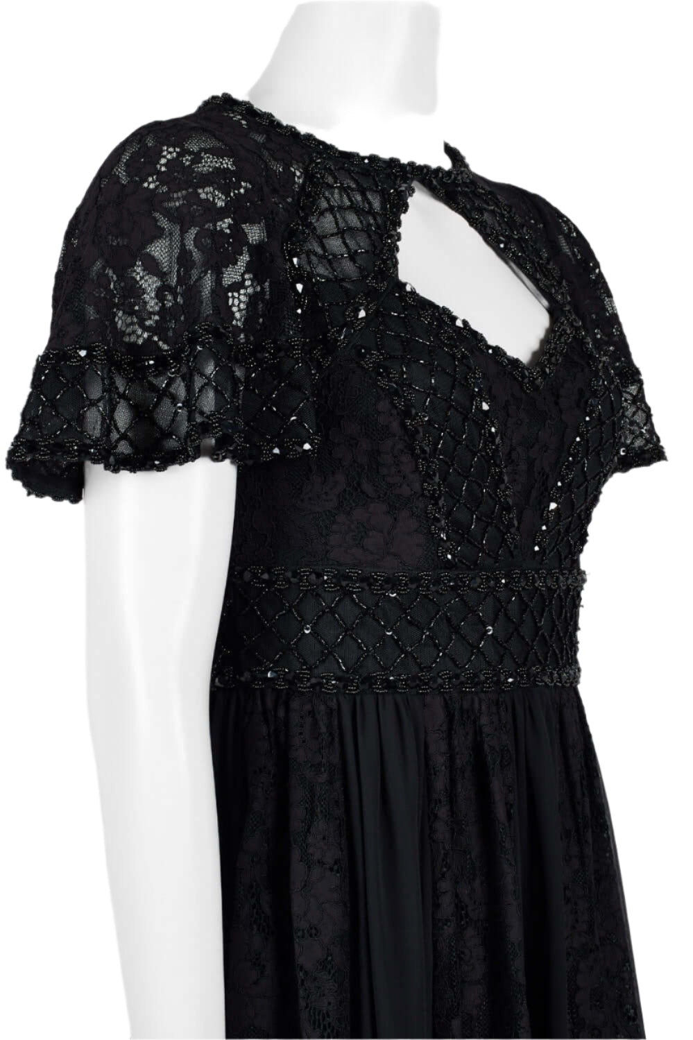 Aidan Mattox Crew Neck Short Sleeve Keyhole Front Floral Lace Embellished Bodice Ruched Zipper Back Chiffon Dress - BLACK - neck