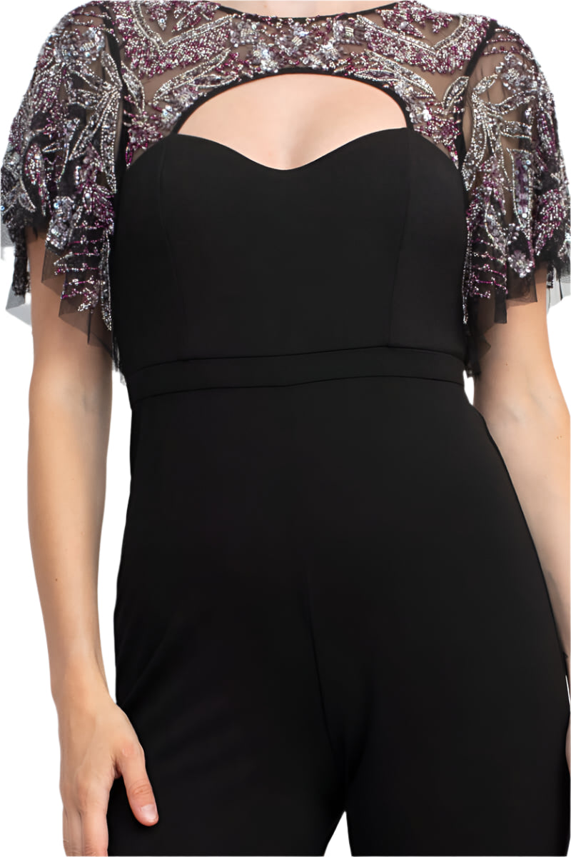 Aidan Mattox Crew Neck Cutout Front Short Sleeve Cutout Back Embellished Mesh Bodice Crepe Jumpsuit - BLACK - fabric