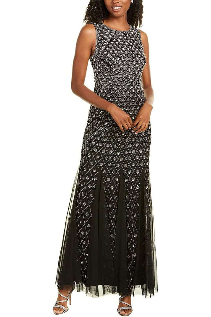 Aidan Mattox Crew Neck Sleeveless Zipper Back Embellished Godet Mesh Gown - BLACK - Front