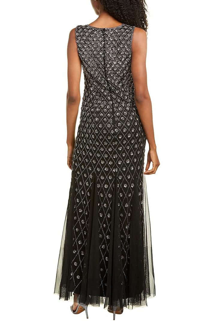 Aidan Mattox Crew Neck Sleeveless Zipper Back Embellished Godet Mesh Gown - BLACK - Back