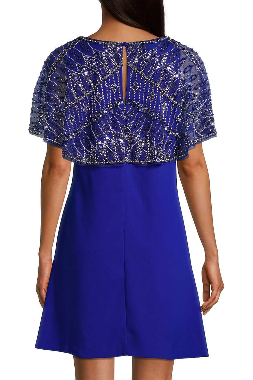 Aidan Mattox Boat Neck Embellished Mesh Cape Keyhole Back Button Closure Scuba Dress - ROYAL SAPPHIRE - Back