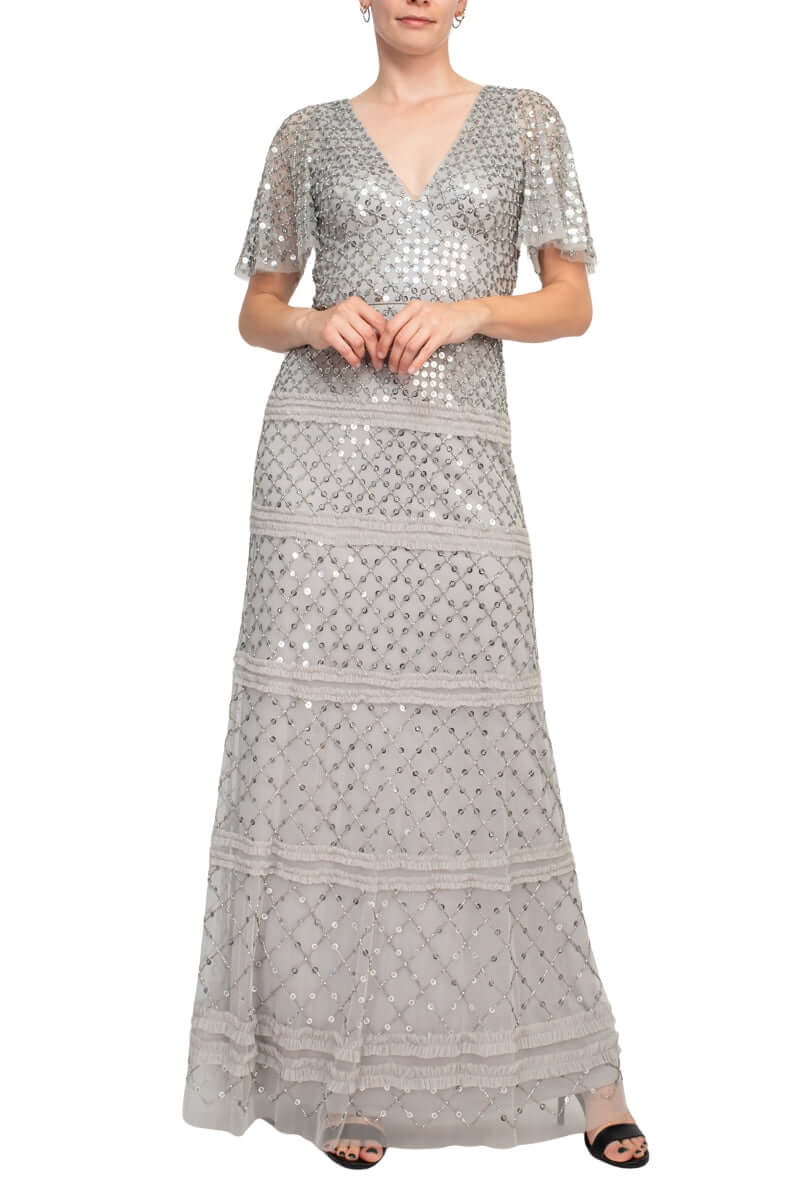 Aidan Mattox V-Neck Short Sleeve Beaded Sequined Piping Detail Zipper Back Mesh Dress - SILVER DOVE - front