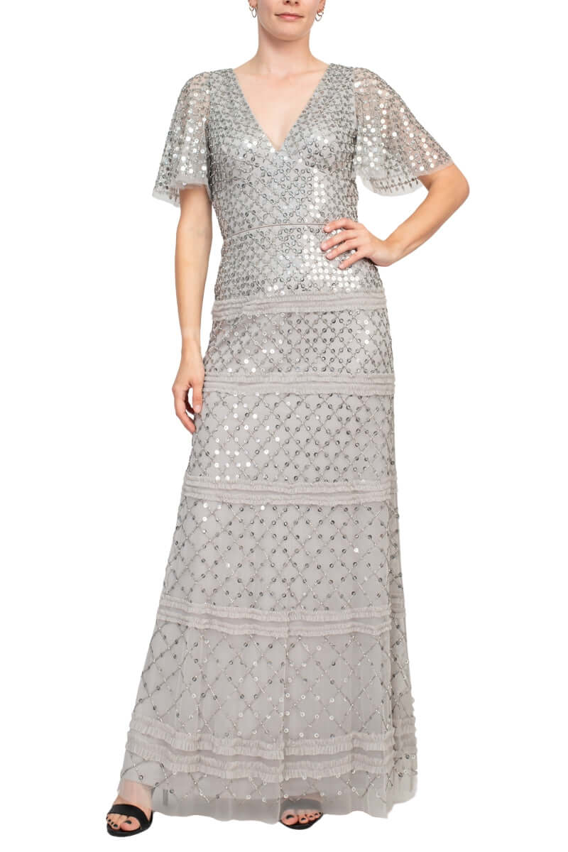 Aidan Mattox V-Neck Short Sleeve Beaded Sequined Piping Detail Zipper Back Mesh Dress - SILVER DOVE - front view