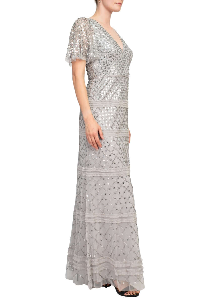 Aidan Mattox V-Neck Short Sleeve Beaded Sequined Piping Detail Zipper Back Mesh Dress - SILVER DOVE - side