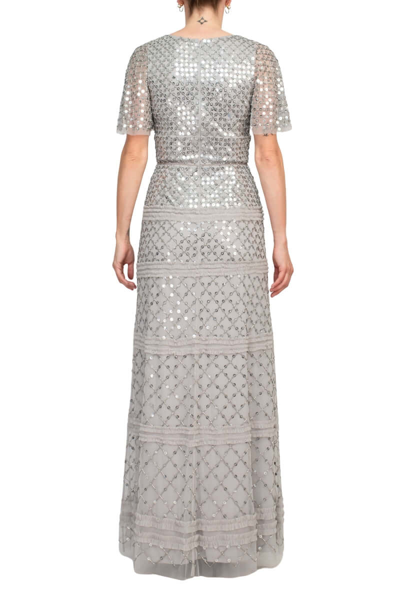 Aidan Mattox V-Neck Short Sleeve Beaded Sequined Piping Detail Zipper Back Mesh Dress - SILVER DOVE - back