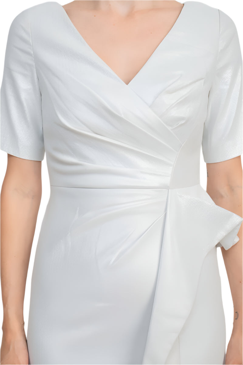 Aidan by Aidan Mattox V-Neck Pleated Zipper Back Short Sleeve Slit Back Taffeta Gown - SILVER - pleated detailed view