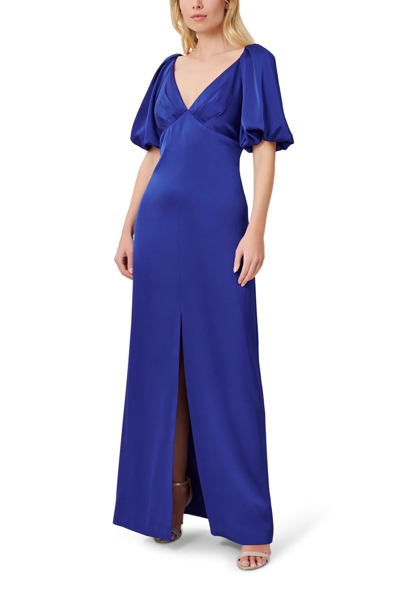 Aidan Mattox V-Neck Back Zipper Pleated Shoulders Short Sleeves Front Slit Opening Long Satin Gown - ROYAL SAPPHIRE - Front