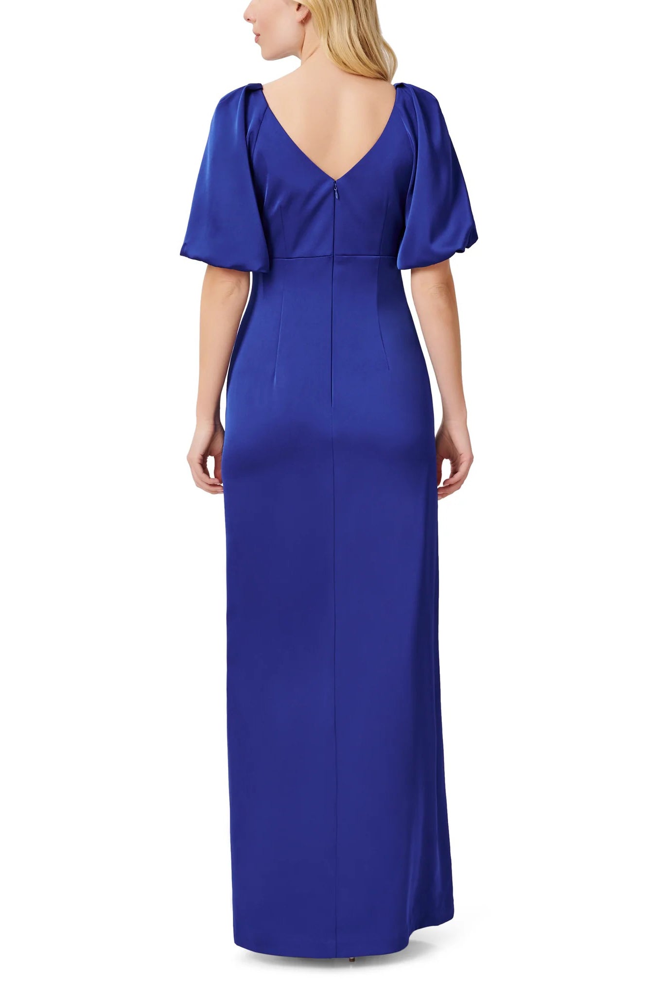 Aidan Mattox V-Neck Back Zipper Pleated Shoulders Short Sleeves Front Slit Opening Long Satin Gown - ROYAL SAPPHIRE - Back