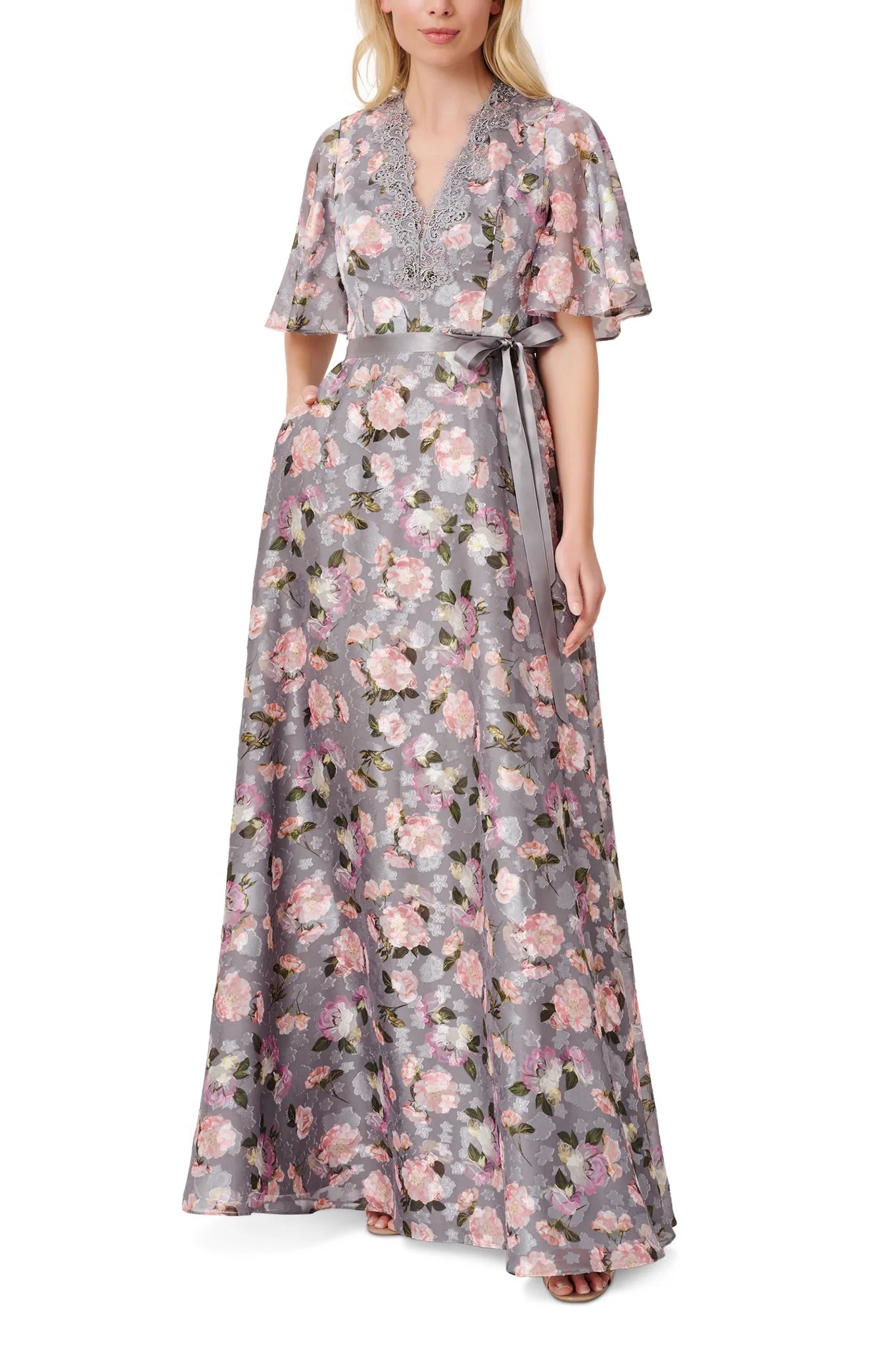 Aidan Mattox V-Neck Flutter Short Sleeves Satin Waist Tie Belt Back Zipper Floral Gown - GREY MULTI - Front