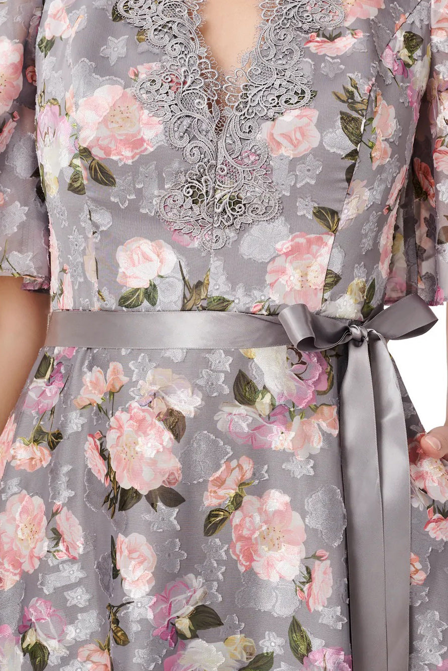 Aidan Mattox V-Neck Flutter Short Sleeves Satin Waist Tie Belt Back Zipper Floral Gown - GREY MULTI - Fabric