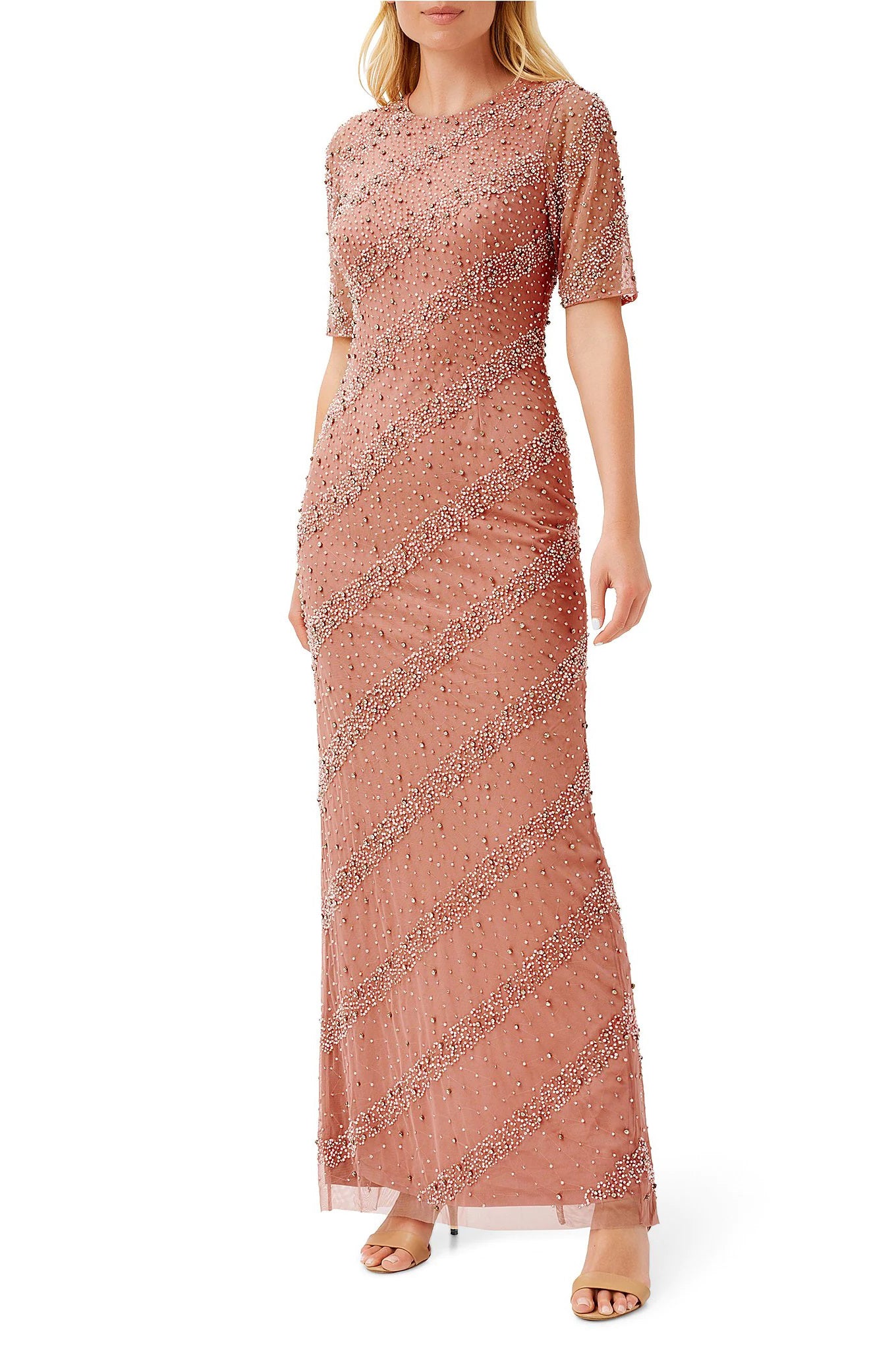Aidan Mattox Crew Neck Short Sleeves Back Zipper Back Slit Beaded Long Dress - ROSY PEACH - Front