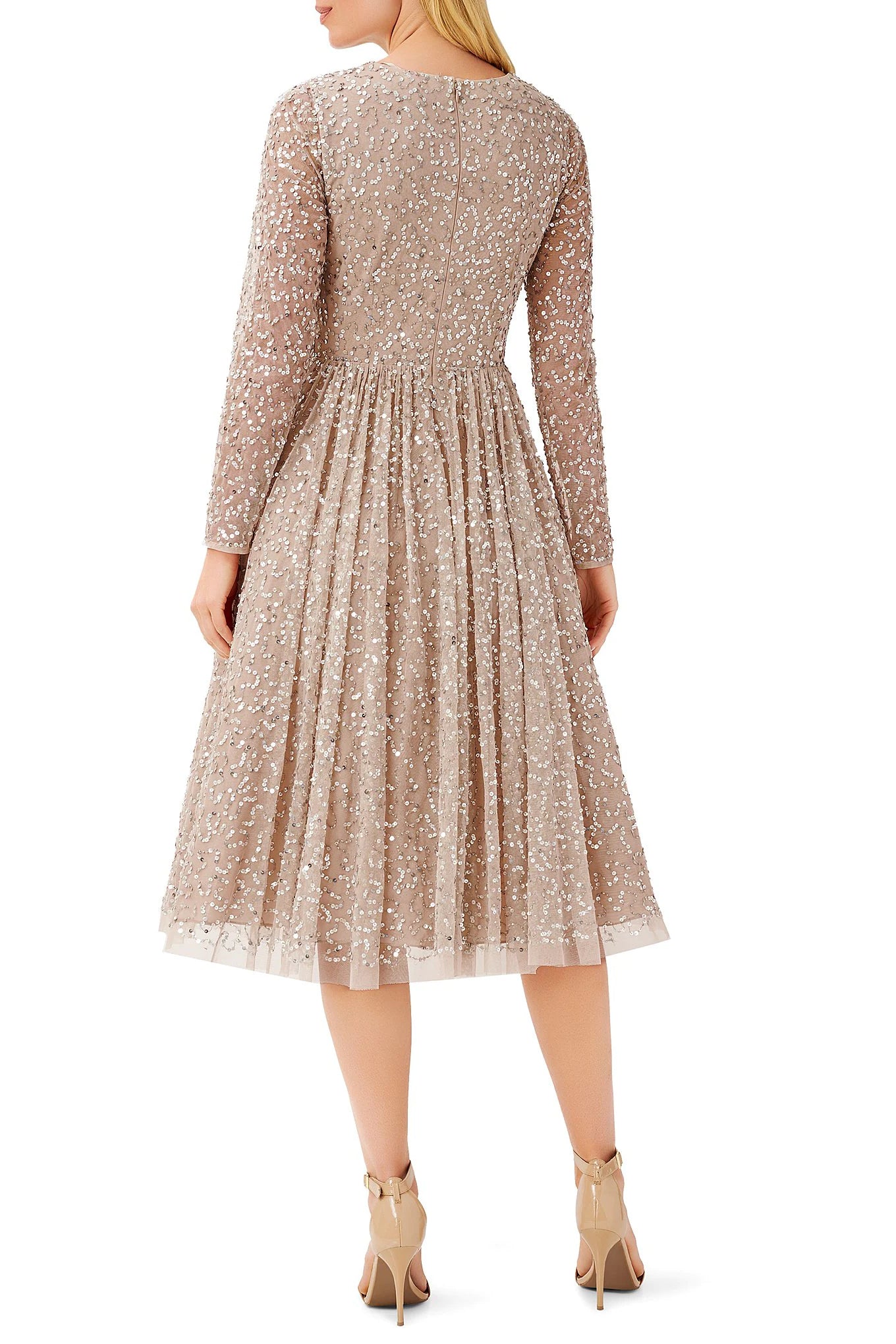 Aidan Mattox V Neck Long Sleeve Back Zipper Midi Beaded Dress - CHAMPAGNE - Back