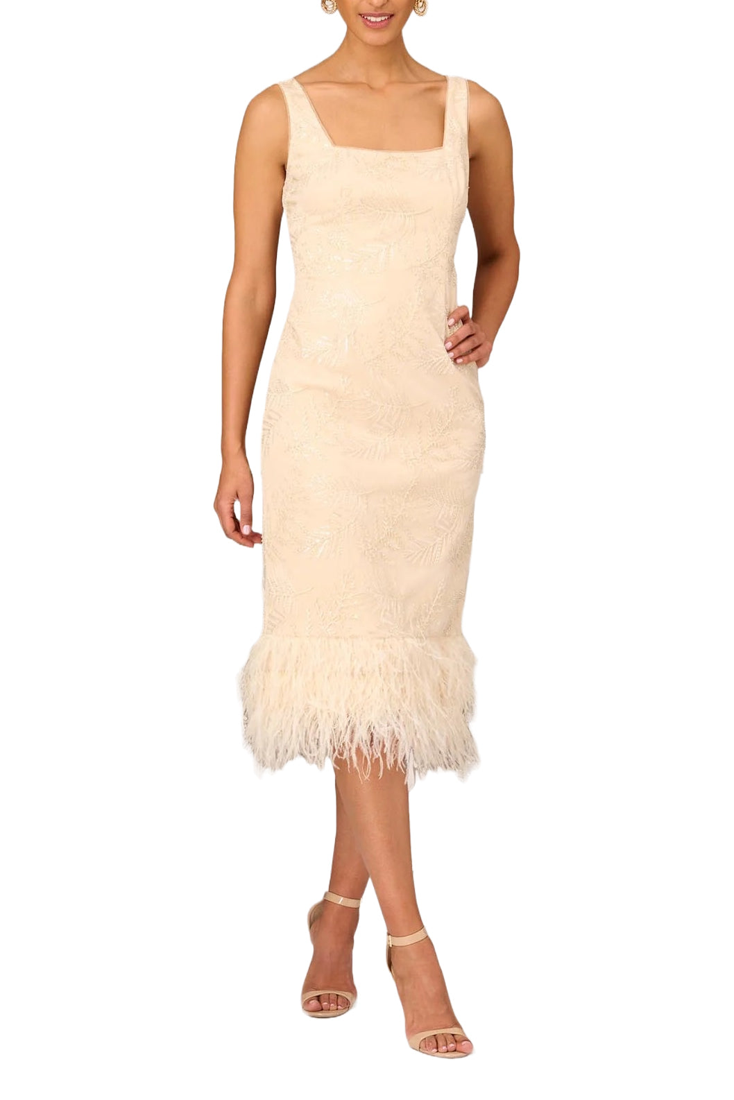 Aidan Mattox Square Neck Sleeveless Zipper Back Slit Back Feather Hem Mesh Dress - CHAMPAGNE - Front