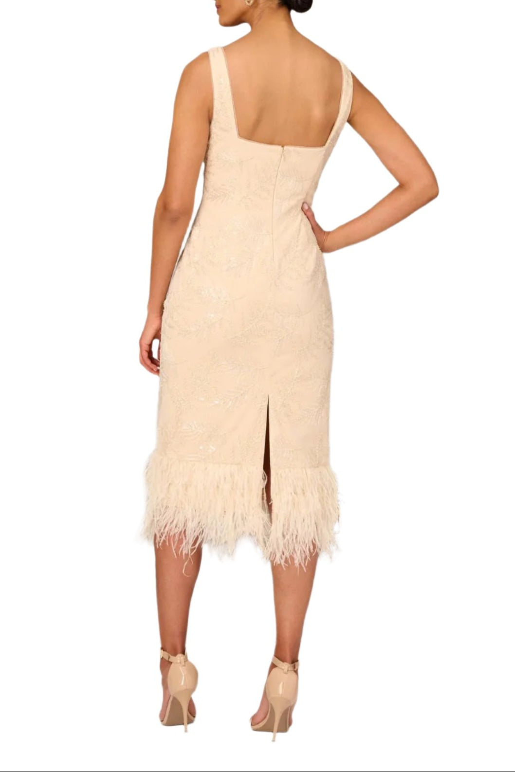 Aidan Mattox Square Neck Sleeveless Zipper Back Slit Back Feather Hem Mesh Dress - CHAMPAGNE - Back