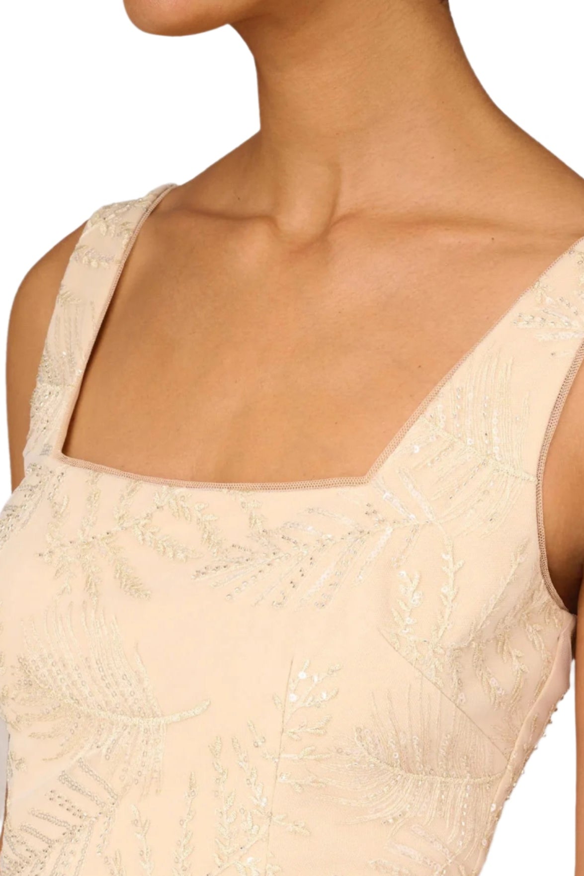 Aidan Mattox Square Neck Sleeveless Zipper Back Slit Back Feather Hem Mesh Dress - CHAMPAGNE - Neck View