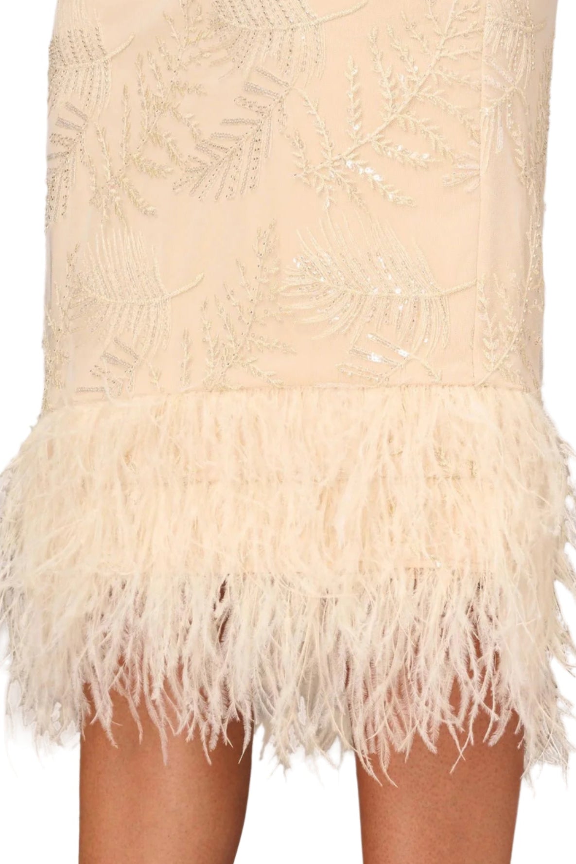 Aidan Mattox Square Neck Sleeveless Zipper Back Slit Back Feather Hem Mesh Dress - CHAMPAGNE - Bottom View
