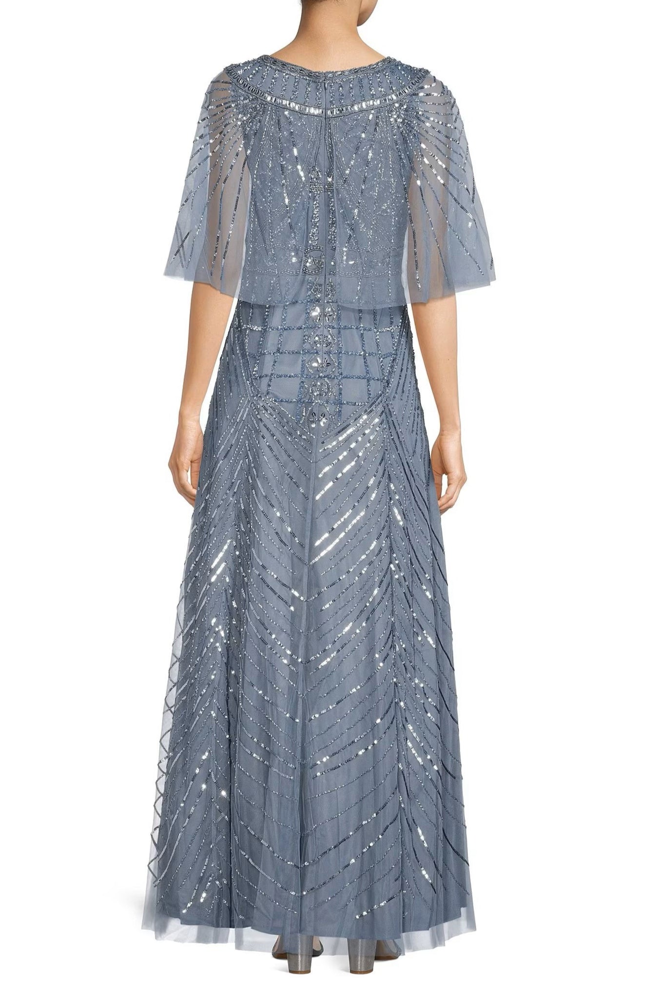 Aidan Mattox Boat Neck Illusion Elbow Length Sleeve Embellished Zipper Back Mesh Gown - VINTAGE BLUE - Back