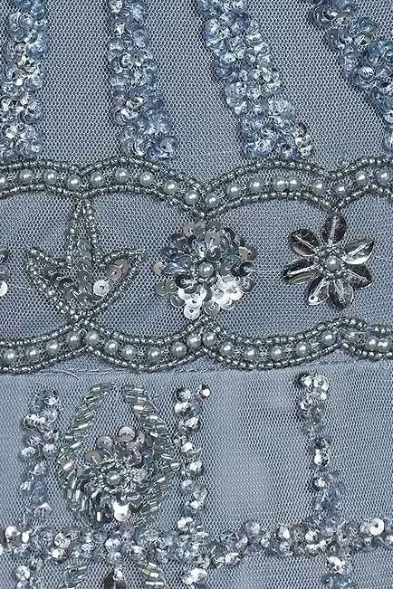 Aidan Mattox Boat Neck Illusion Elbow Length Sleeve Embellished Zipper Back Mesh Gown - VINTAGE BLUE - Fabric