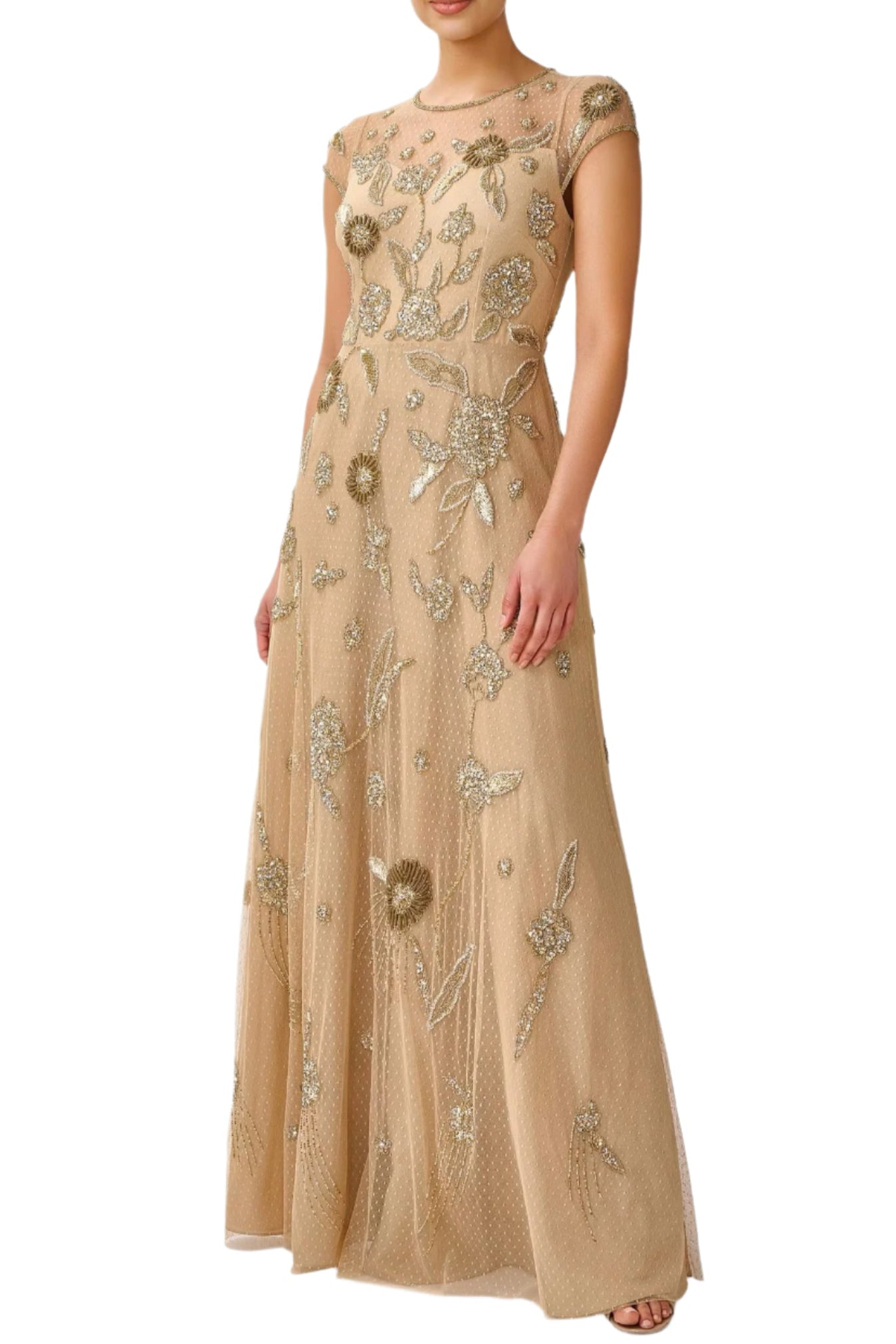 Aidan Mattox Illusion Crew Neck Cap Sleeve Zipper Back A-Line Beaded Mesh Gown - LIGHT GOLD - Front