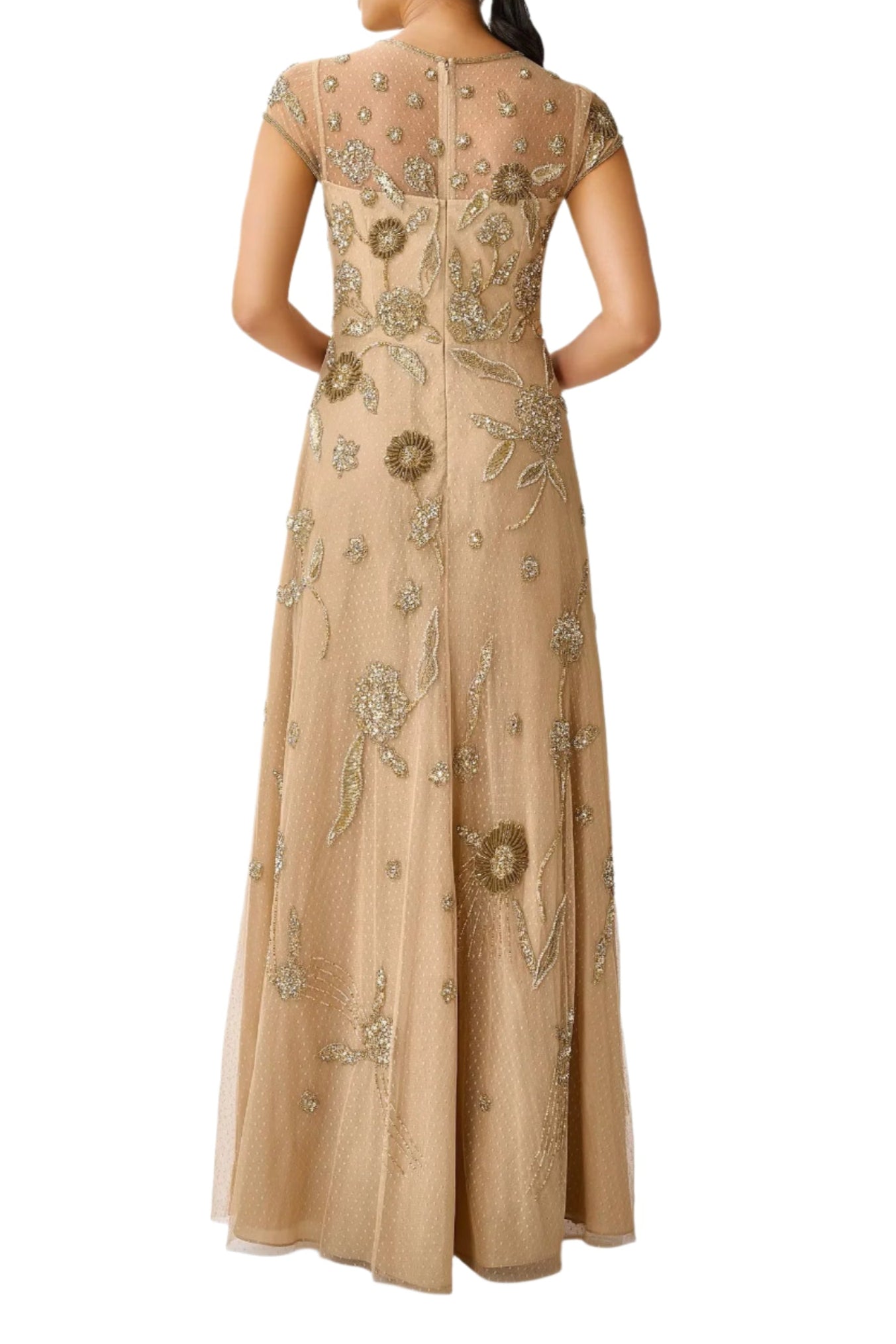 Aidan Mattox Illusion Crew Neck Cap Sleeve Zipper Back A-Line Beaded Mesh Gown - LIGHT GOLD - Back