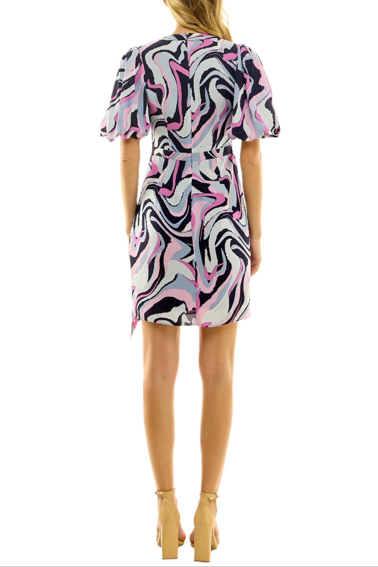 Nicole Miller V-Neck Pleat Puff Sleeve Zipper Back Multi Print Chiffon Dress - DEEP NAVY - Back