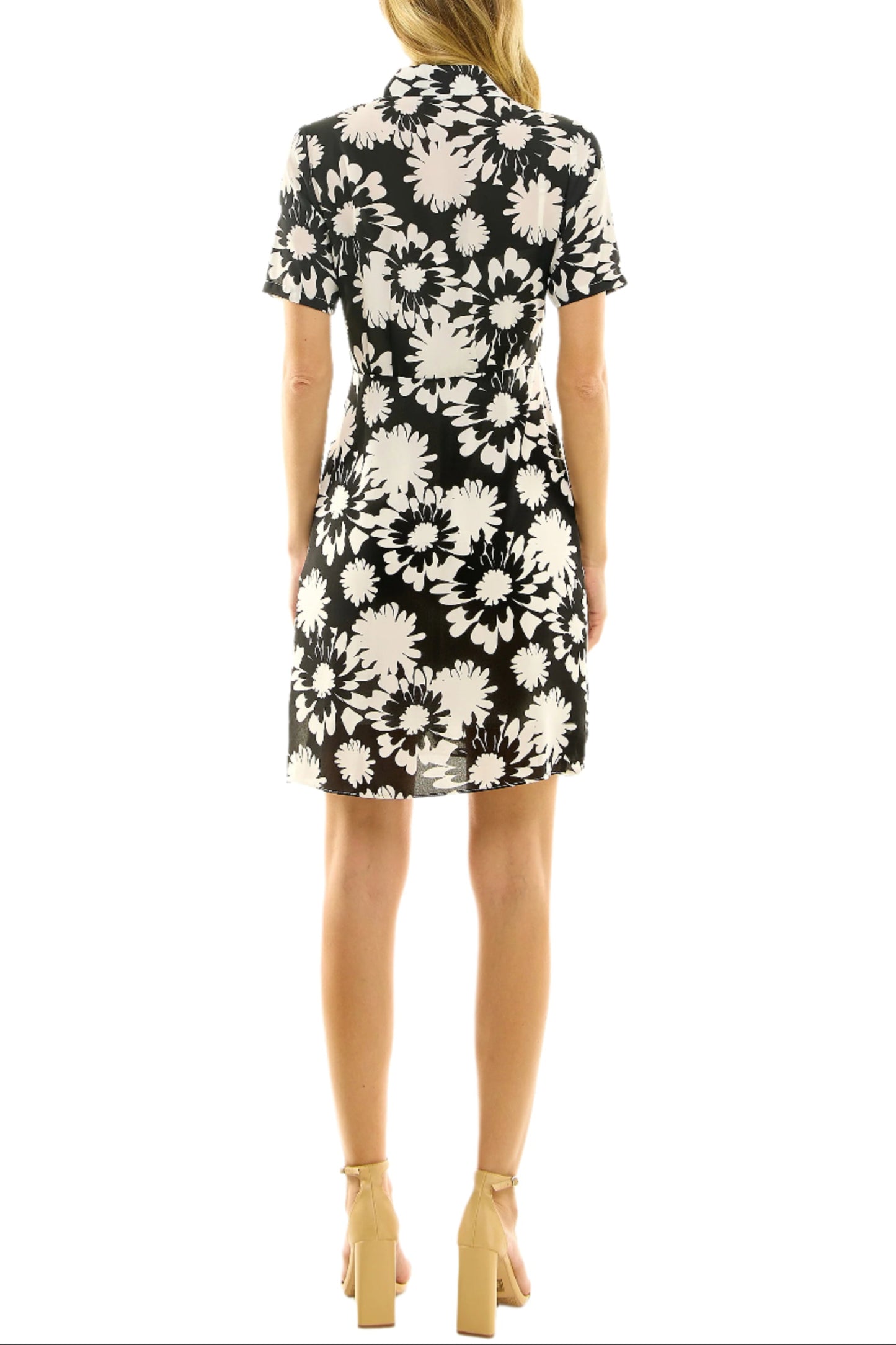 Nicole MIller Collared Short Sleeve Gathered Front Floral Print Crepe Chiffon Dress - BLACK - Back