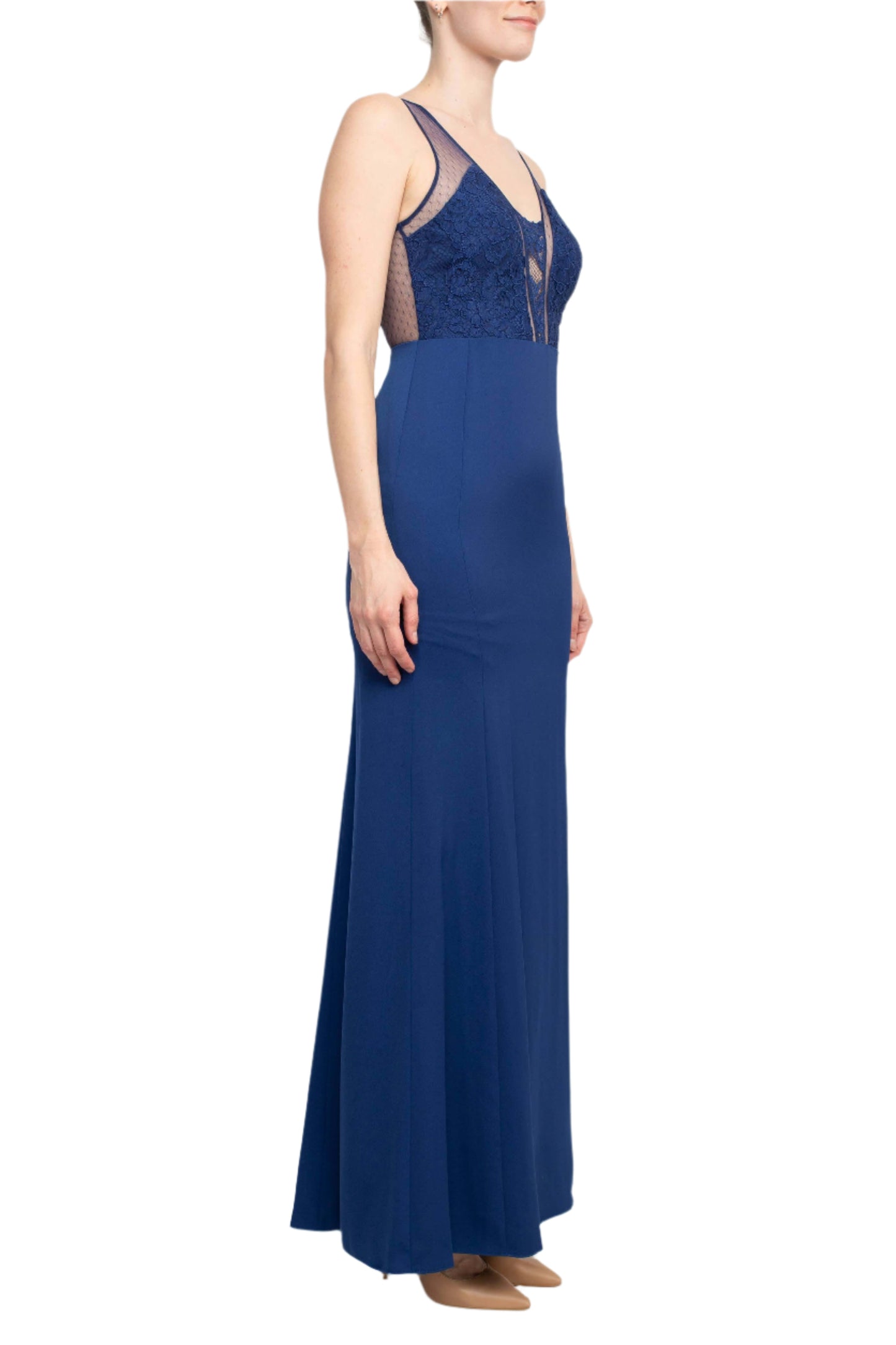 Aidan by Aidan Mattox V-Neck Sleeveless Zipper Back Illusion Floral Embroidered Taffeta Gown - NAVY - Side