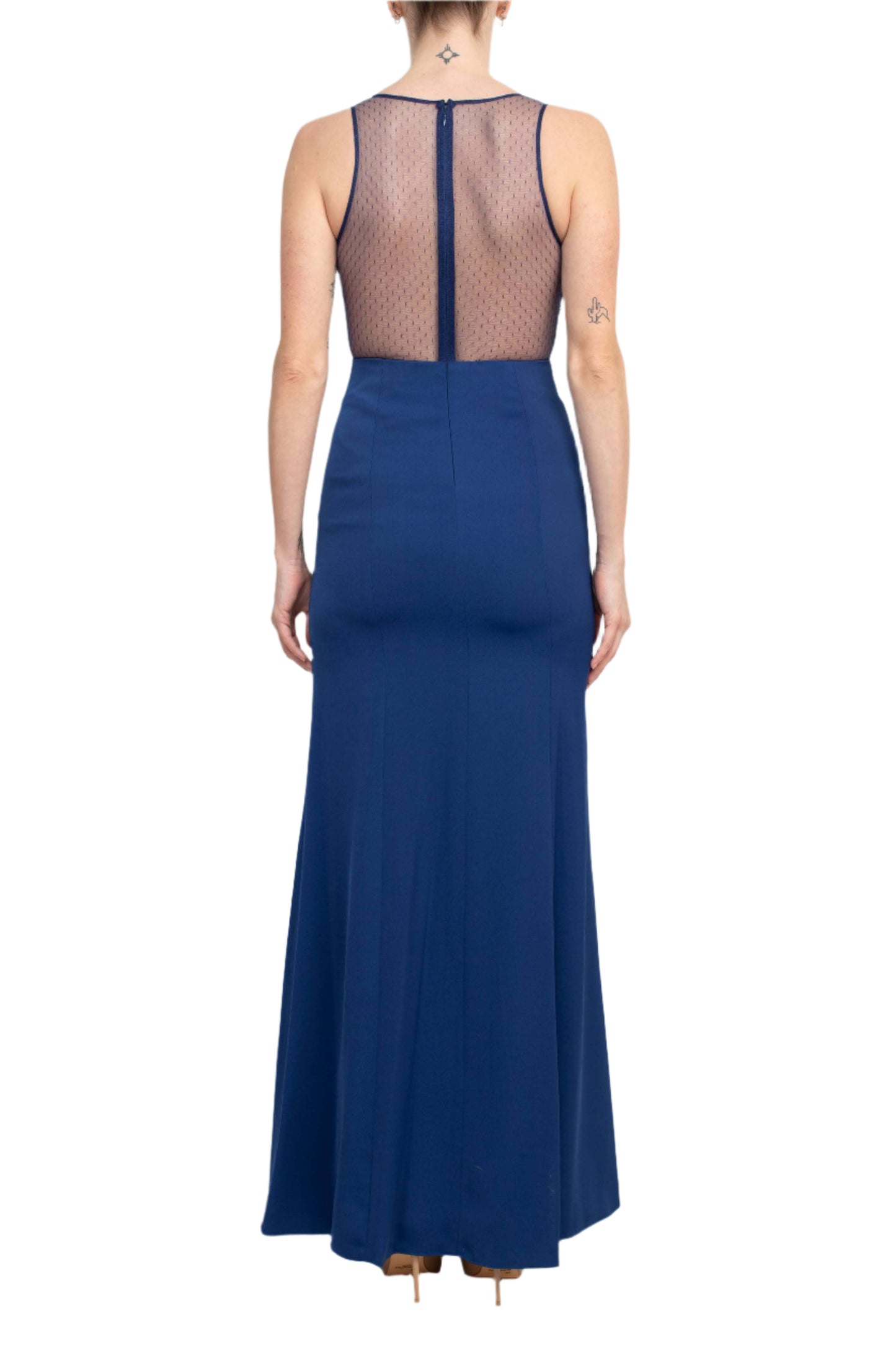 Aidan by Aidan Mattox V-Neck Sleeveless Zipper Back Illusion Floral Embroidered Taffeta Gown - NAVY - Back