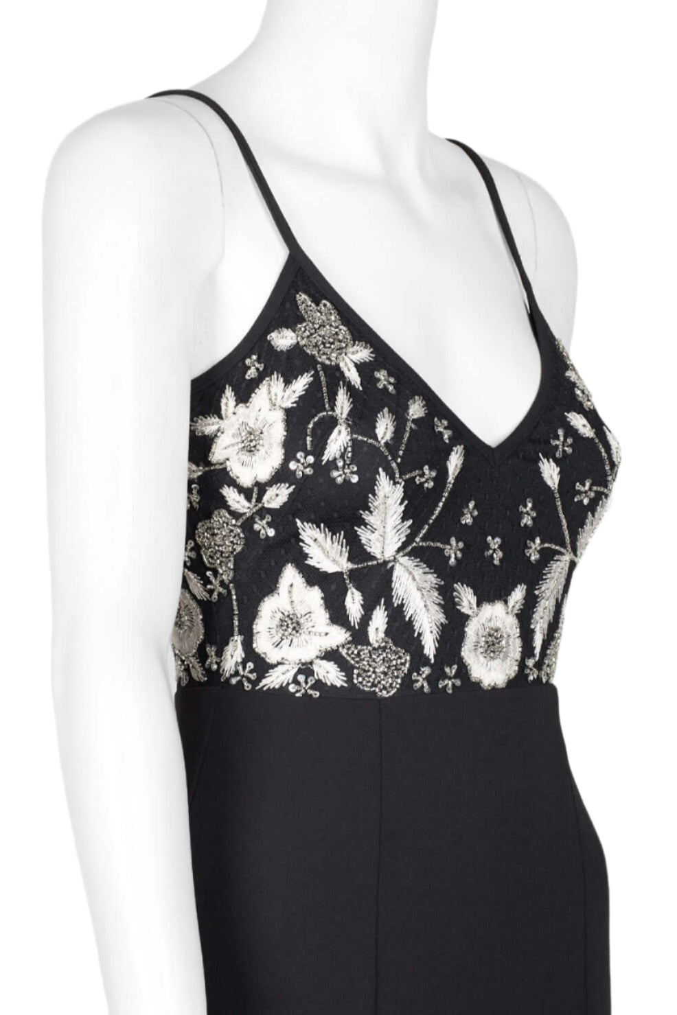 Aidan by Aidan Mattox Spaghetti Strap Embroidered Bodice Zipper Back Mesh Crepe Dress - BLACK - Neck View