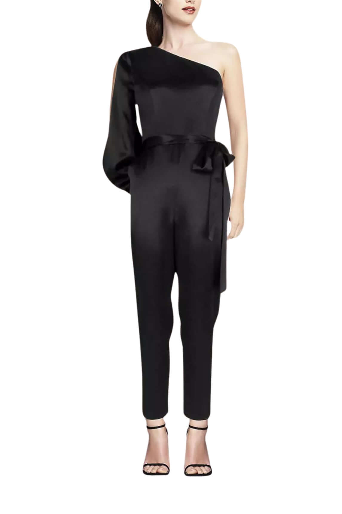 Aidan by Aidan Mattox Asymmetrical Shoulder Slit Long Sleeve Tie Side Functional Pocket Concealed Ziipper Side Satin Jumpsuit - BLACK - FRONT