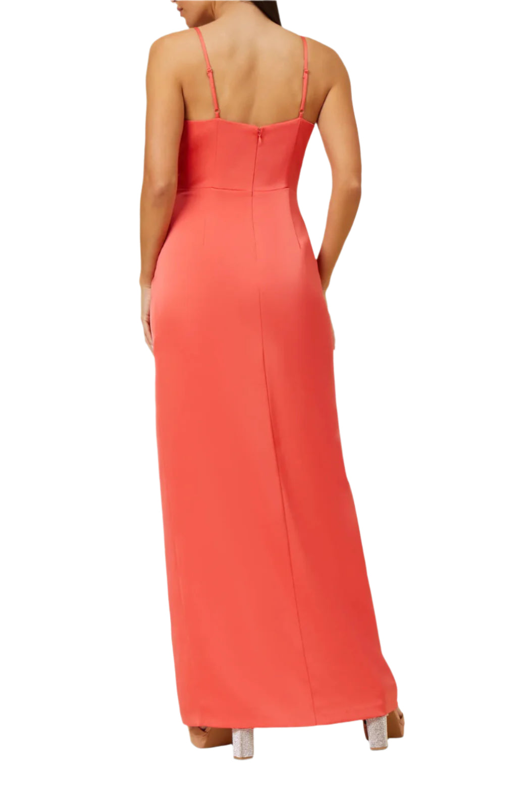 Aidan Mattox V-Neck Sleeveless Draped Front Slit Front Solid Zipper Back Satin Gown - SUGAR CORAL - BACK