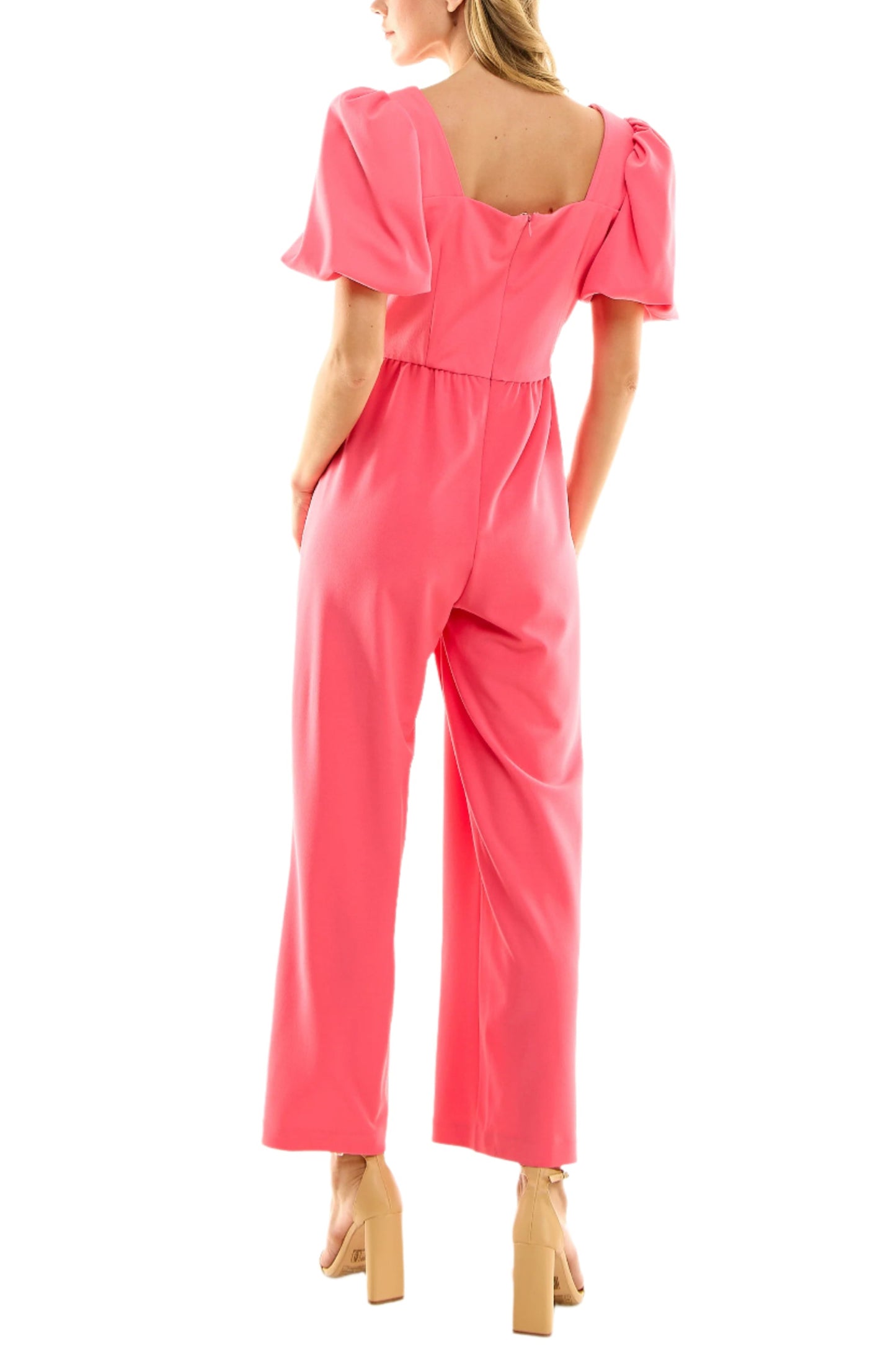Nicole Miller Square Neck Puff Short Sleeve Ruched Zipper Back Solid Scuba Crepe Jumpsuit - CAMILLIA ROSE - Back