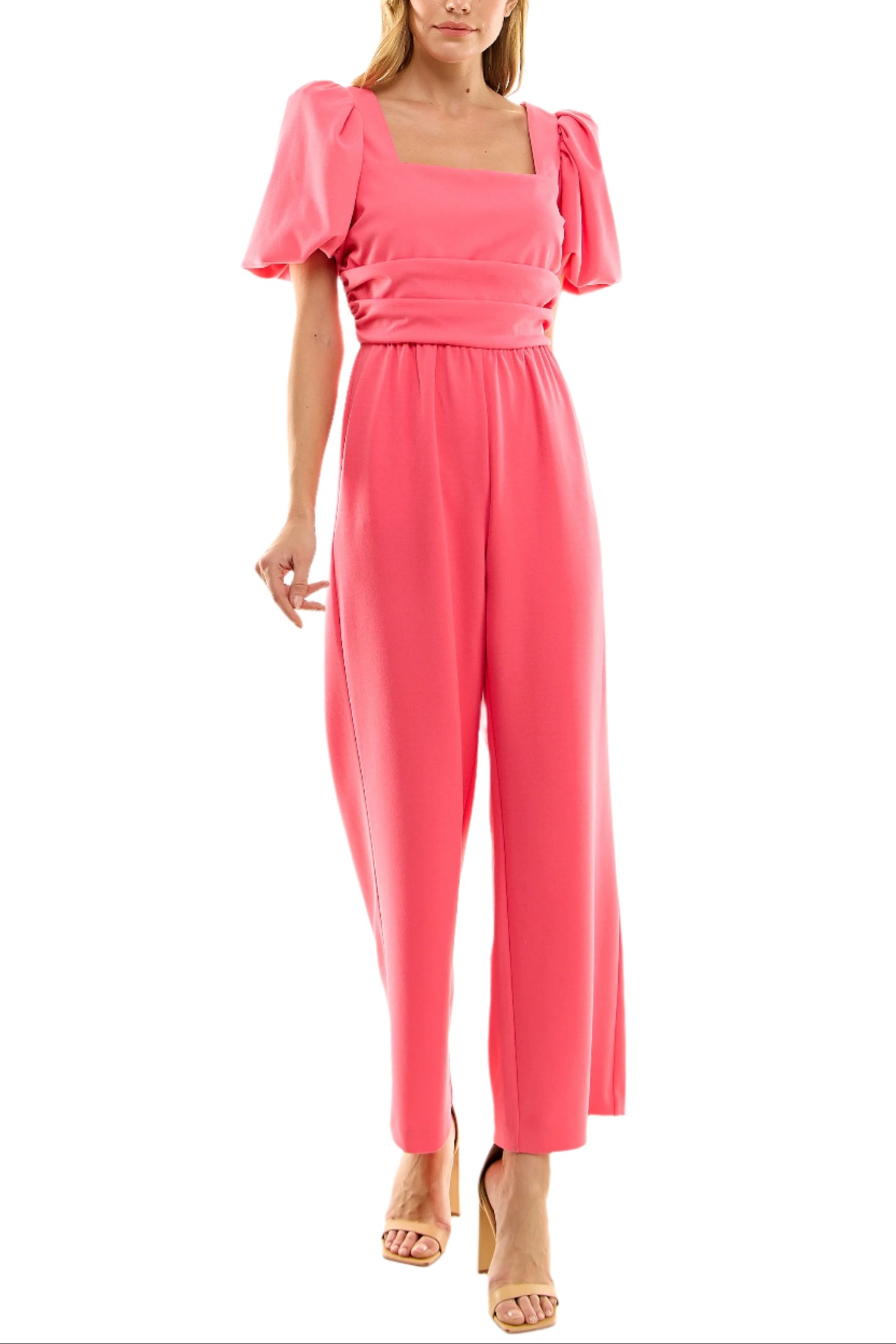 Nicole Miller Square Neck Puff Short Sleeve Ruched Zipper Back Solid Scuba Crepe Jumpsuit - CAMILLIA ROSE - Front