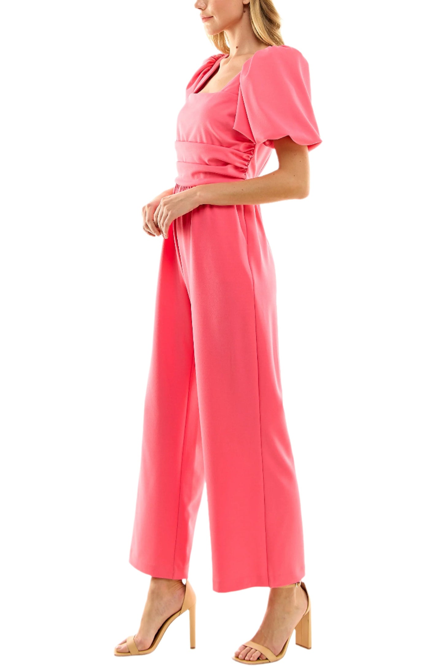 Nicole Miller Square Neck Puff Short Sleeve Ruched Zipper Back Solid Scuba Crepe Jumpsuit - CAMILLIA ROSE - Side