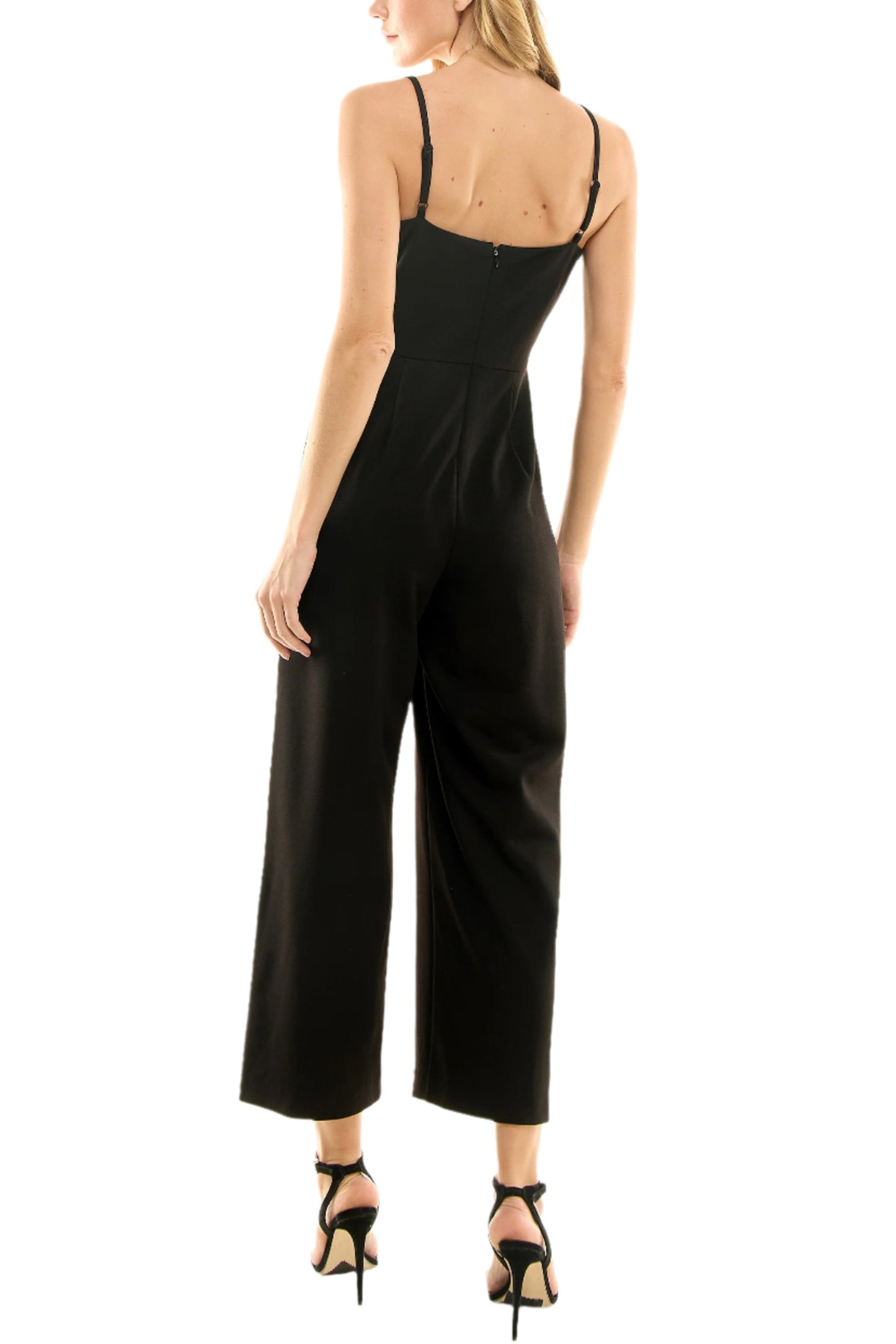 Nicole Miller Spaghetti Strap Zipper Back Solid Crepe Jumpsuit - VERY BLACK - Back