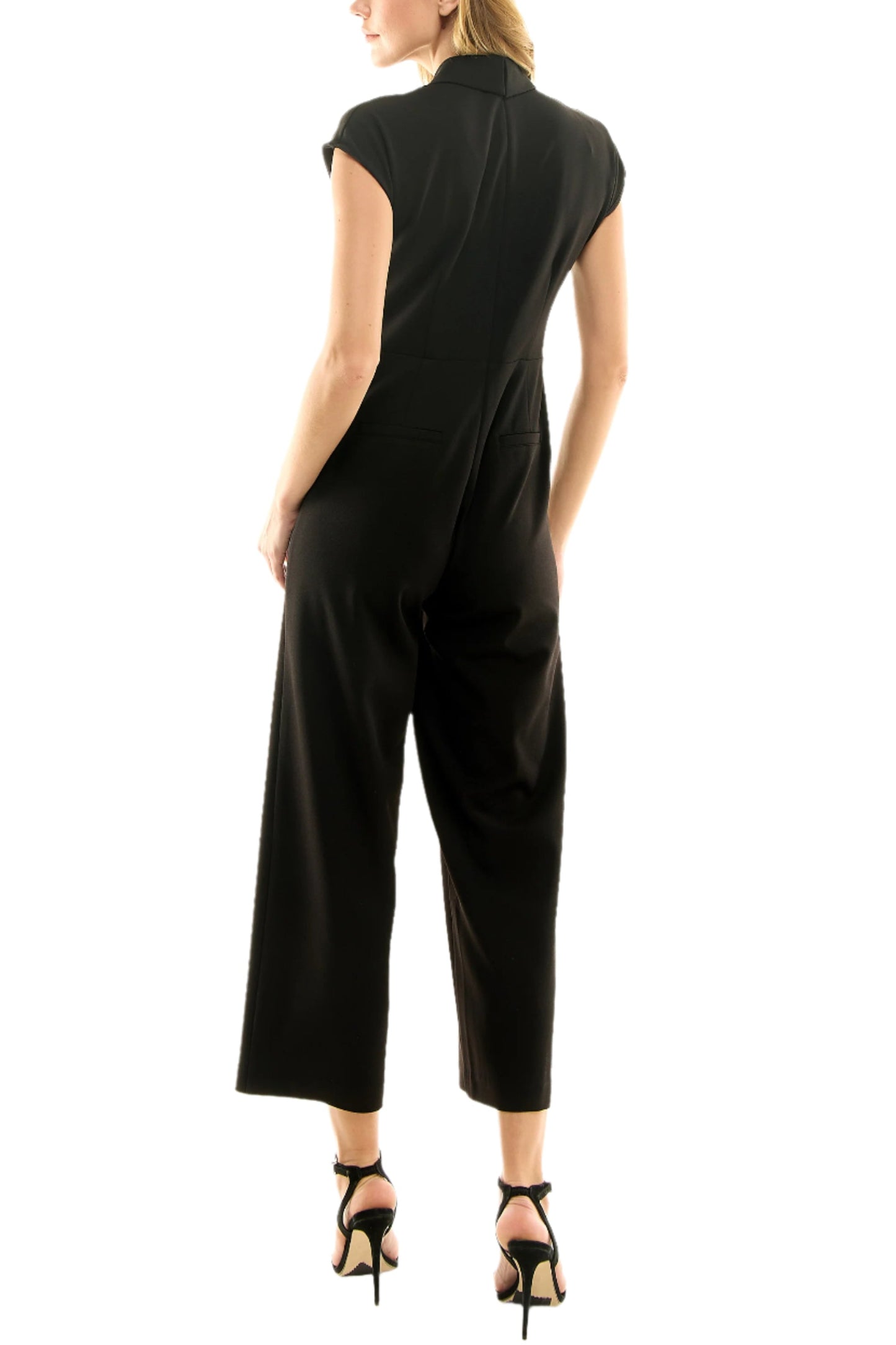 Nicole Miller V-Neck Cap Sleeve Gathered Front Solid Scuba Jumpsuit - VERY BLACK - Back