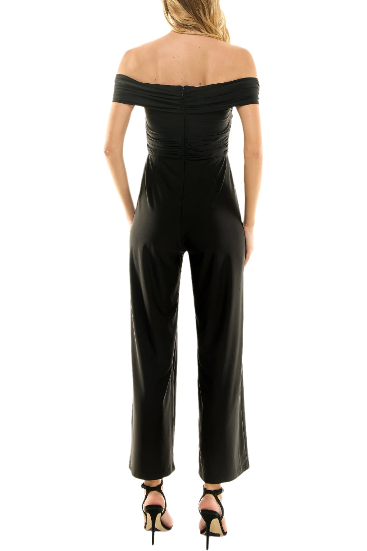 Nicole Miller Off Shoulder Ruched Front Zipper Back Solid Scuba Jumpsuit - VERY BLACK - Back