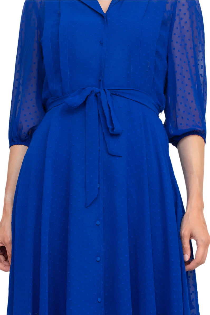 Nanette Lepore Collared 3/4 Sleeve Tie Waist Illusion Rayon Dress - JAY BIRD - fabric