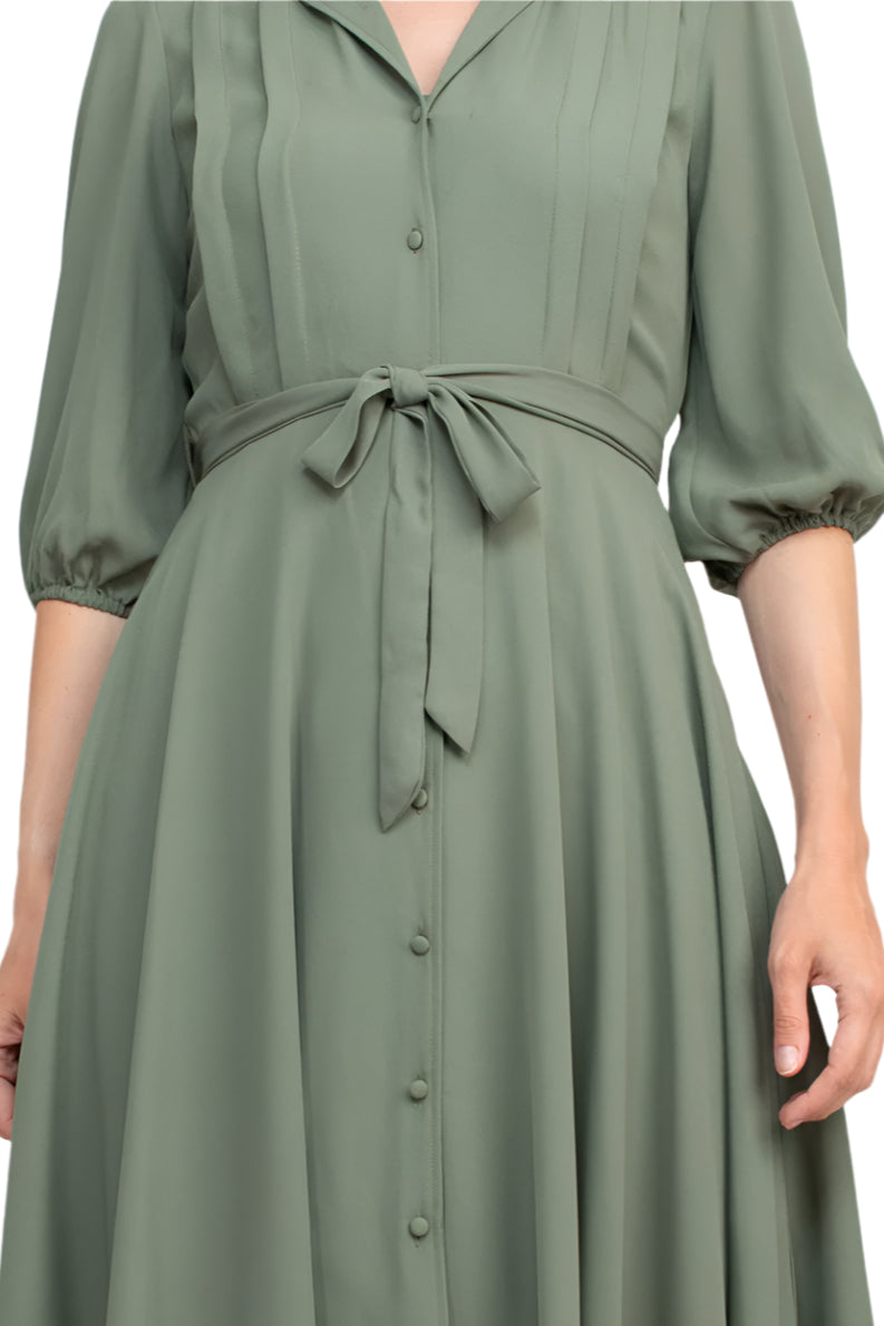 Nanette Lepore Collared 3/4 Sleeve Pleated Tie Waist Solid Rayon Dress - PRAIRIE SAGE - fabric