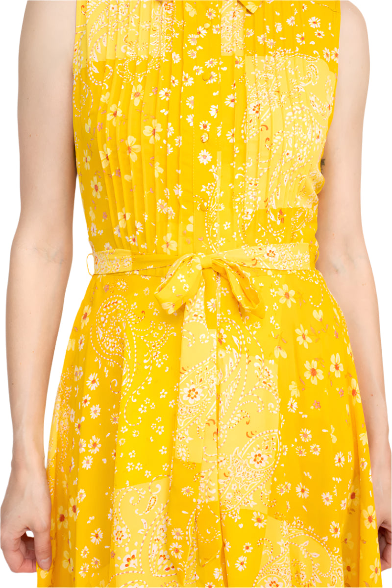 Nanette Lepore Collared Pleated Front Tie Waist Multi Print A-Line Crepe Dress - YELLOW - fabric