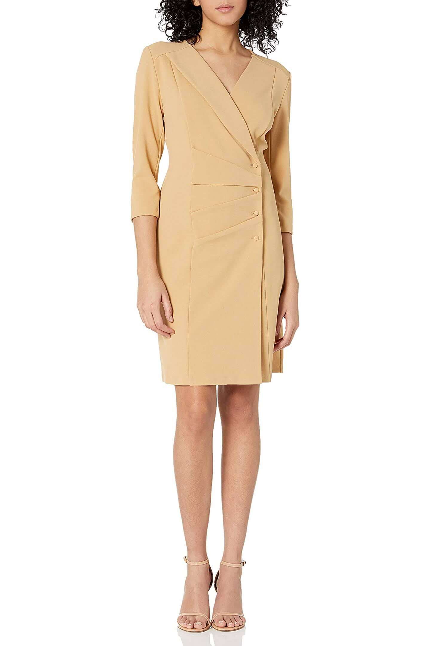 NANETTE Nanette Lepore V-Neck 3/4 Sleeve Trench Solid Stretch Crepe Dress - HAZELNUT - FRONT