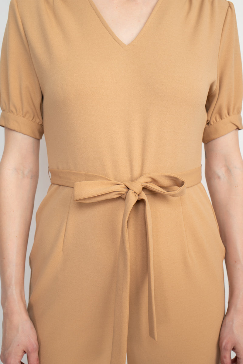 Nanette Lepore V-Neck Short Sleeve Tie Waist Solid Zipper Back Jumpsuit - TOASTY SAND - detailed view