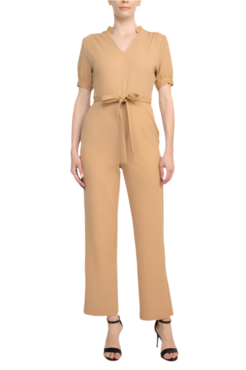 Nanette Lepore V-Neck Short Sleeve Tie Waist Solid Zipper Back Jumpsuit - TOASTY SAND - front