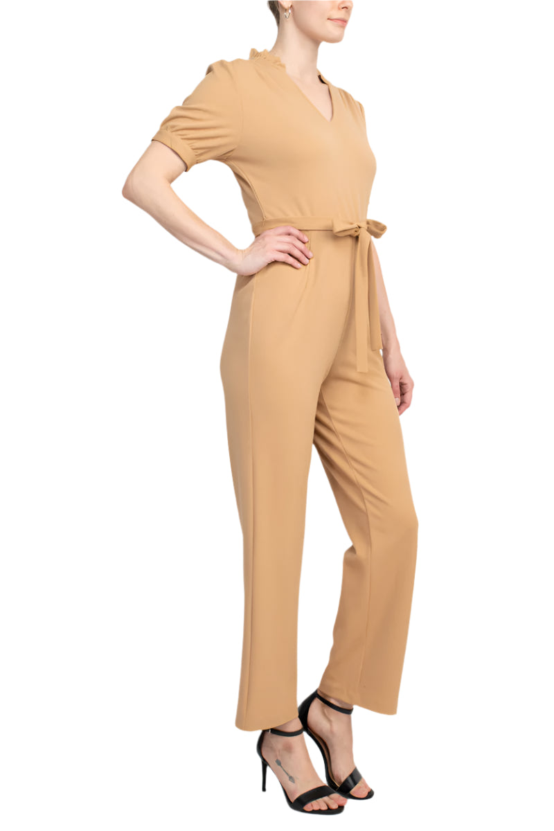 Nanette Lepore V-Neck Short Sleeve Tie Waist Solid Zipper Back Jumpsuit - TOASTY SAND - side