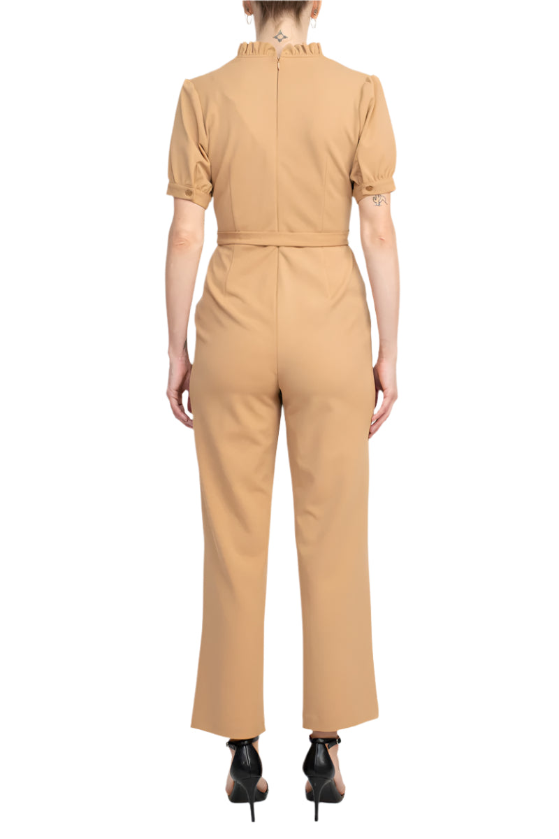 Nanette Lepore V-Neck Short Sleeve Tie Waist Solid Zipper Back Jumpsuit - TOASTY SAND - back