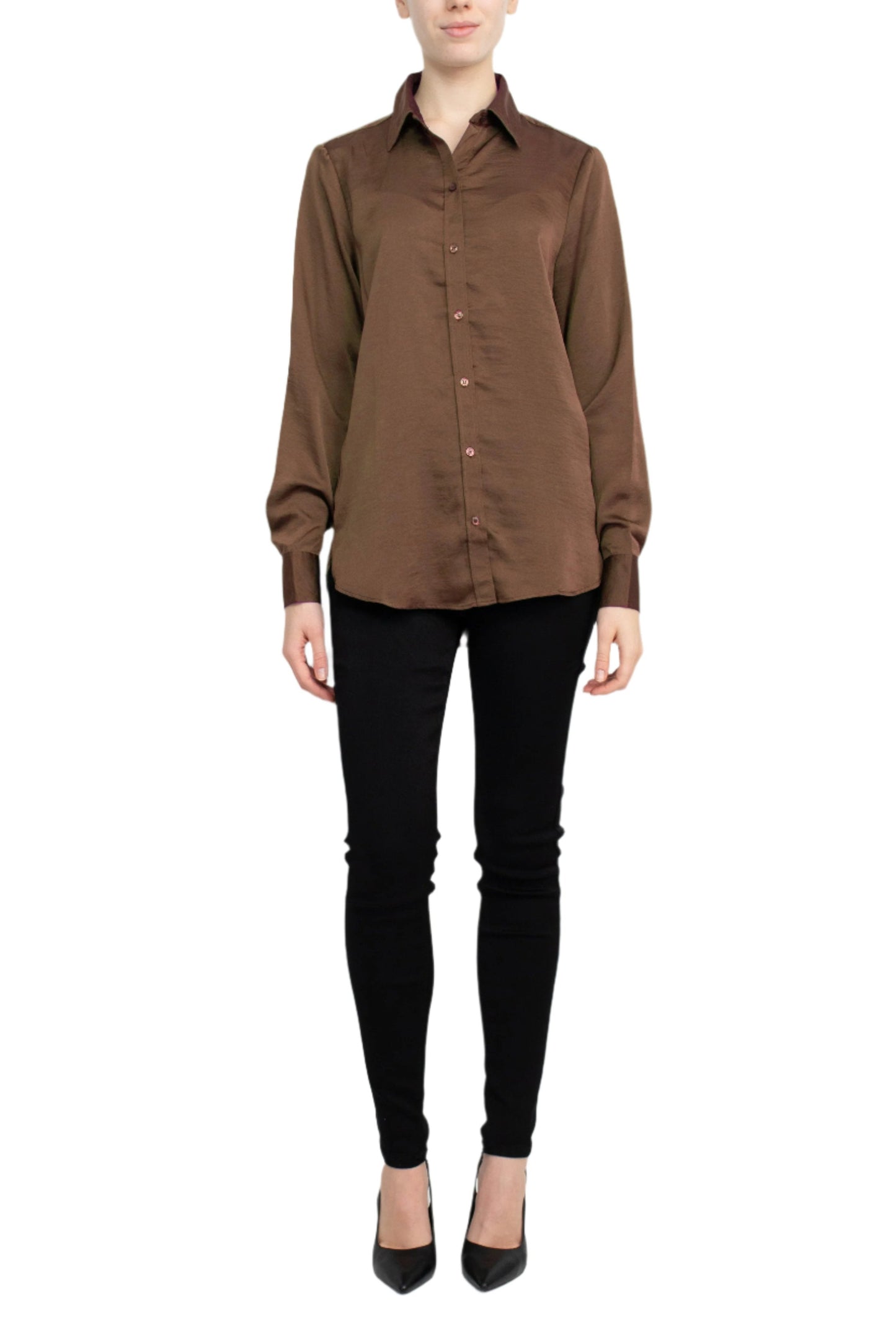 M Magaschoni Collar Neck Long Sleeve Front Button Detail Silk Top - WALNUT - Front Full View