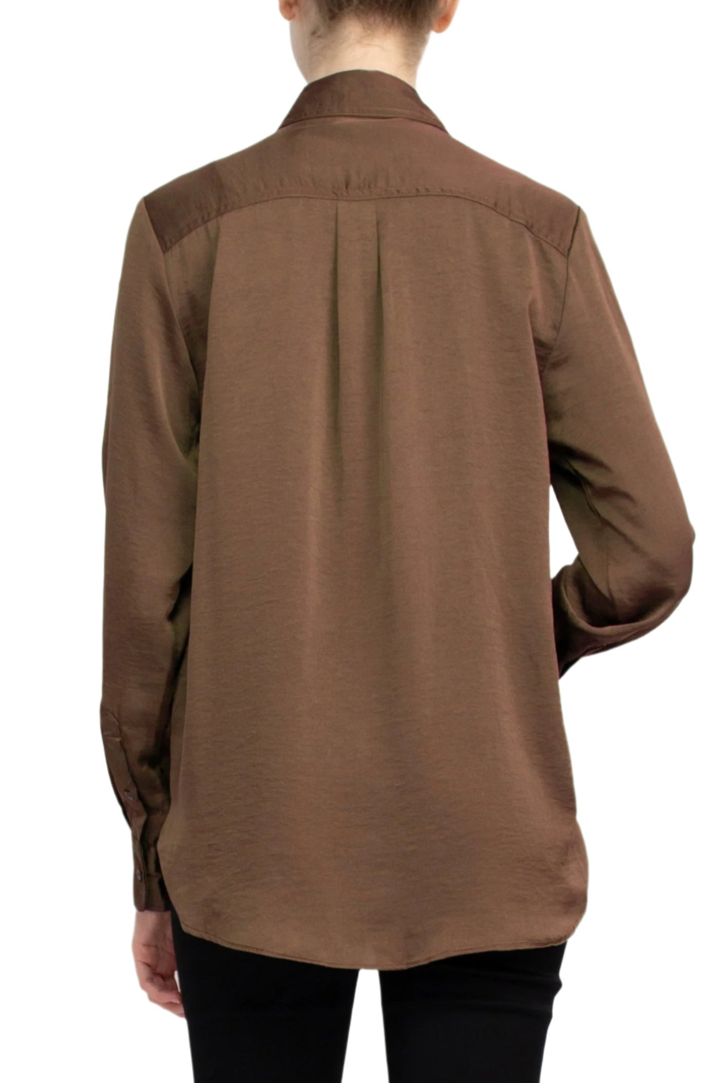 M Magaschoni Collar Neck Long Sleeve Front Button Detail Silk Top - WALNUT - Back